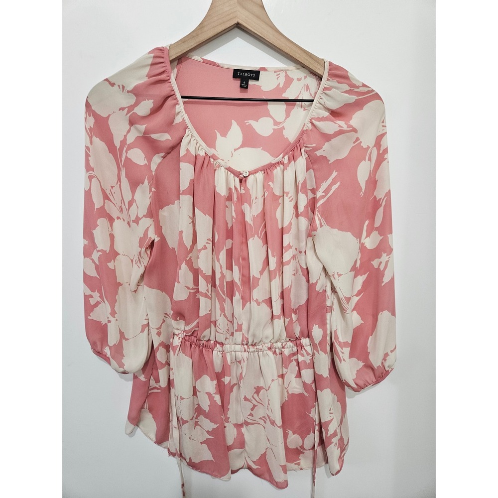 Talbots Pink Floral Peplum Blouse 3/4 Sleeve Scoop Neck‎ Drawstring Waist Size 6